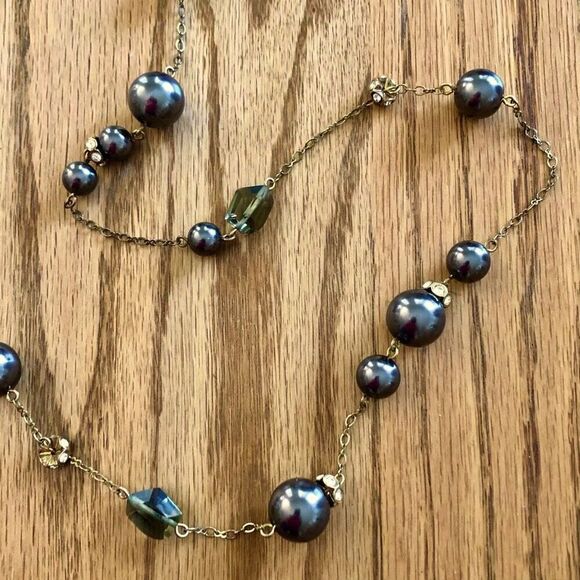 J.Crew | Grey Faux Pearl and Crystal Station Necklace | 36” Length - Picture 3 of 5